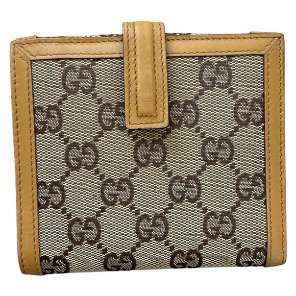 Authentic Gucci Monogram Canvas And Tan Leather Compact Wallet Women Card Slots - Picture 2 of 7